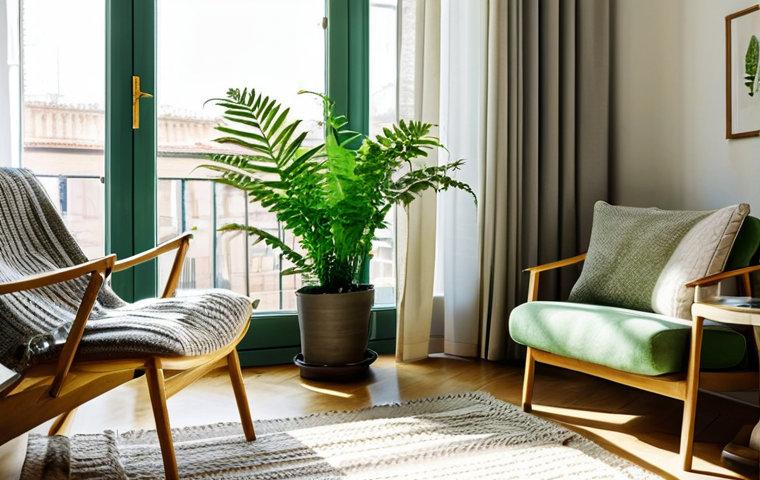 **

"A cozy, sunlit living room in Madrid. Lush green plants, including ferns and snake plants, are placed near a window with sheer curtains, creating a calming atmosphere. A comfortable armchair with a knitted blanket sits next to a small table with a steaming cup of chamomile tea. Soft, diffused light fills the room. The scene is peaceful and inviting, promoting well-being and relaxation.  Perfect anatomy, natural proportions, professional photography, high quality, safe for work, appropriate content, fully clothed, modest, family-friendly."

**