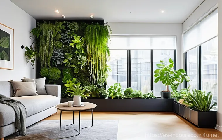 실내 생태계 자동화 - **Automated Urban Oasis:**
    A vibrant, modern indoor living room featuring a meticulously maintai...