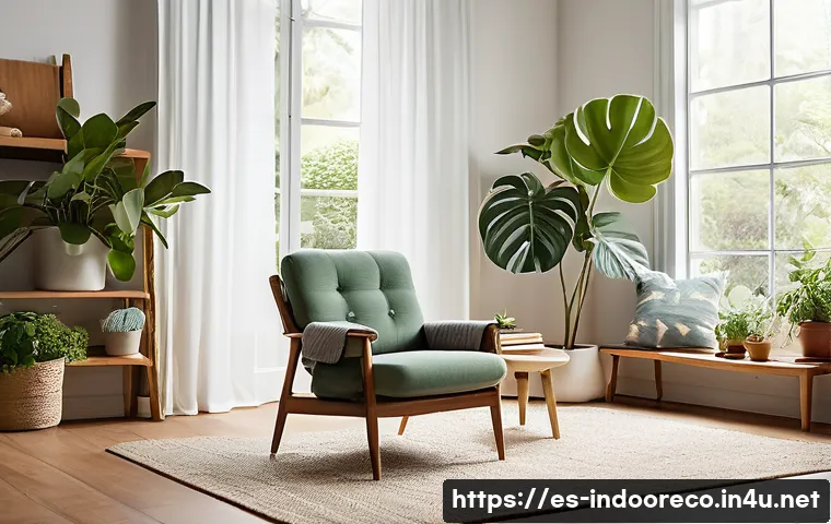 실내 식물과 미래 건축 - **Prompt 1: Serene Indoor Oasis for Well-being**
"A cozy, sun-drenched living room with an adult...