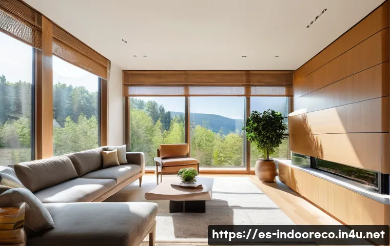 자연광과 실내 온도의 관계 - A modern residential living room in a temperate climate, showcasing large south-facing windows with ...