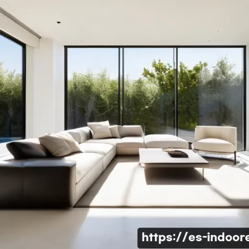 자연광과 실내 생태계 - A modern Mediterranean-style living room bathed in abundant natural sunlight streaming through strat...
