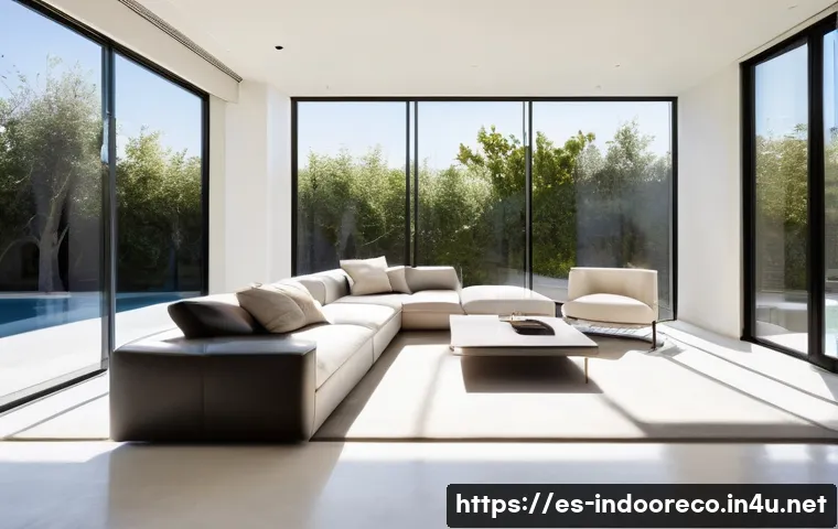 자연광과 실내 생태계 - A modern Mediterranean-style living room bathed in abundant natural sunlight streaming through strat...
