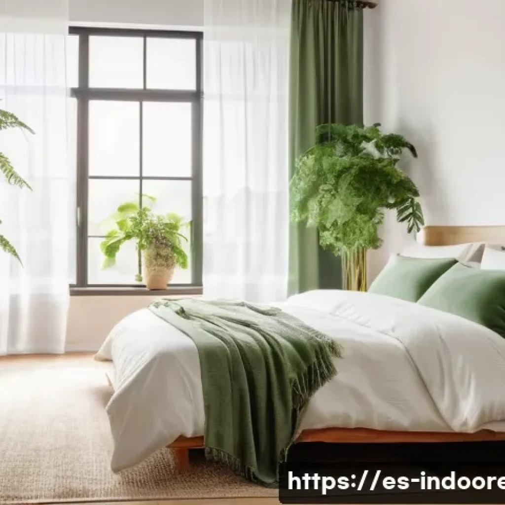 미세먼지 제거 방법 - A modern Spanish-style bedroom interior featuring a sleek HEPA air purifier placed near a neatly mad...