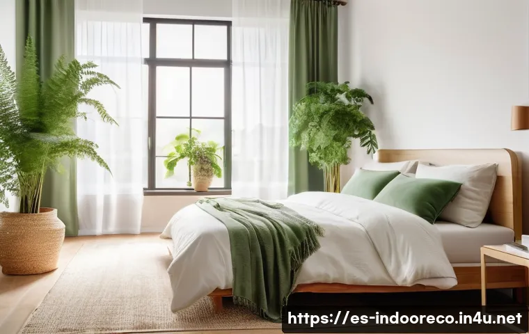 미세먼지 제거 방법 - A modern Spanish-style bedroom interior featuring a sleek HEPA air purifier placed near a neatly mad...