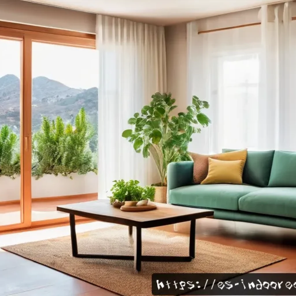 온도와 습도의 관계 - A modern Spanish living room scene in mid-summer, showing a large open window with sheer curtains ge...