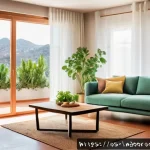 온도와 습도의 관계 - A modern Spanish living room scene in mid-summer, showing a large open window with sheer curtains ge...