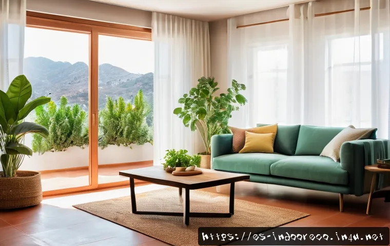 온도와 습도의 관계 - A modern Spanish living room scene in mid-summer, showing a large open window with sheer curtains ge...