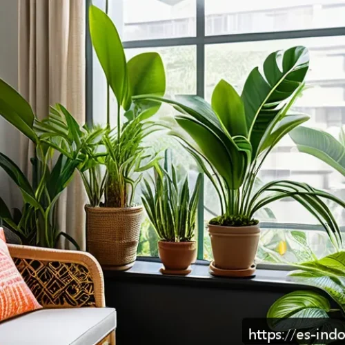 식물 성장에 최적의 온도 - A cozy indoor garden scene showing a variety of tropical plants like orchids and philodendrons thriv...