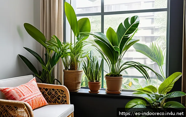 식물 성장에 최적의 온도 - A cozy indoor garden scene showing a variety of tropical plants like orchids and philodendrons thriv...