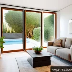 온도와 습도 관계 - A modern, cozy living room in a Spanish home during summer, showing a sleek air conditioning unit wi...