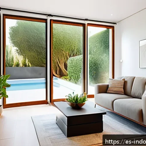 온도와 습도 관계 - A modern, cozy living room in a Spanish home during summer, showing a sleek air conditioning unit wi...