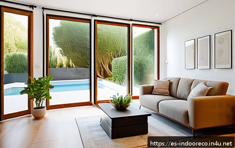 온도와 습도 관계 - A modern, cozy living room in a Spanish home during summer, showing a sleek air conditioning unit wi...
