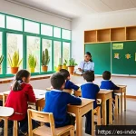 학교 내 공기질 관리 - A bright and airy classroom in a Spanish elementary school, with large open windows and doors allowi...