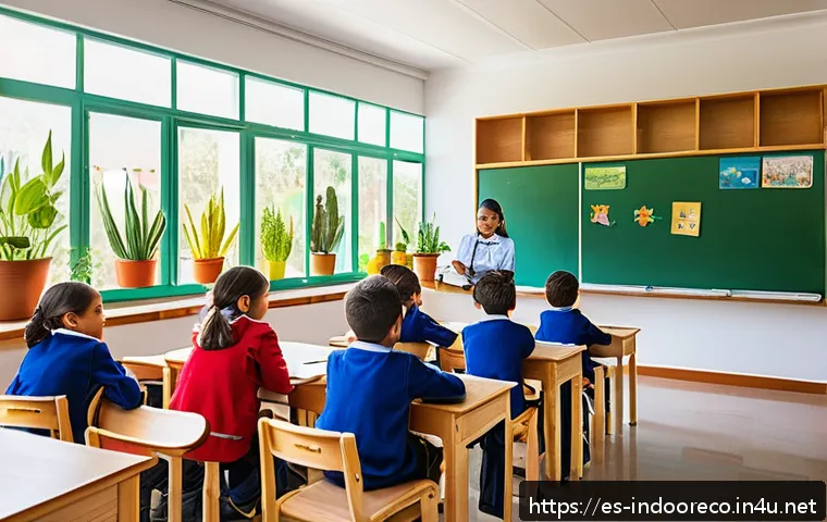 학교 내 공기질 관리 - A bright and airy classroom in a Spanish elementary school, with large open windows and doors allowi...
