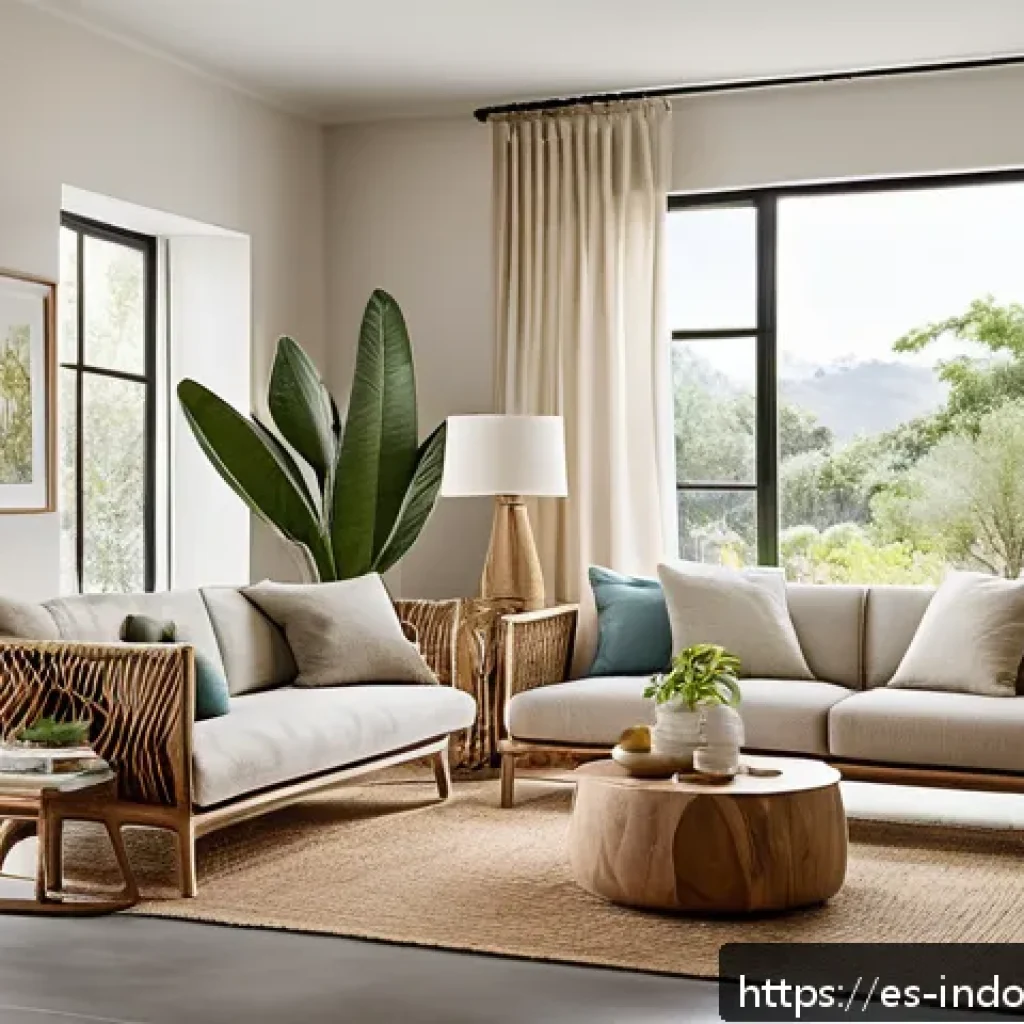 에코 디자인과 실내 생태계 - A cozy living room featuring sustainable FSC-certified wooden furniture made from recycled wood, wit...