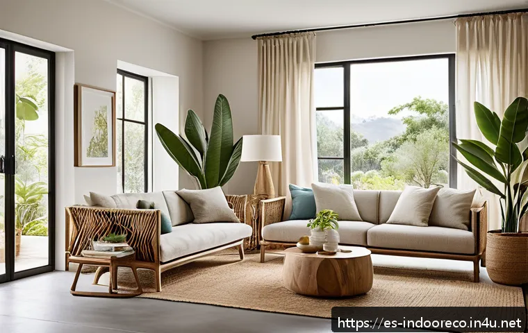 에코 디자인과 실내 생태계 - A cozy living room featuring sustainable FSC-certified wooden furniture made from recycled wood, wit...
