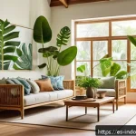 식물의 방습 효과 - A cozy indoor living room scene featuring a variety of tropical houseplants such as Monstera delicio...