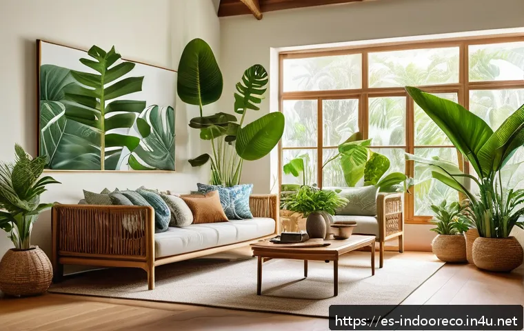 식물의 방습 효과 - A cozy indoor living room scene featuring a variety of tropical houseplants such as Monstera delicio...