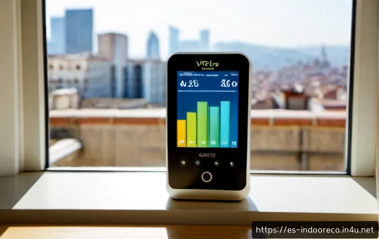 미세먼지 측정 방법 - Photorealistic close-up of a compact handheld air quality monitor placed on a clean apartment window...