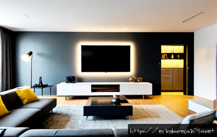 스마트 온도 조절 시스템 - Photorealistic modern apartment living room in Madrid, Spain, featuring a discreet smart temperature...