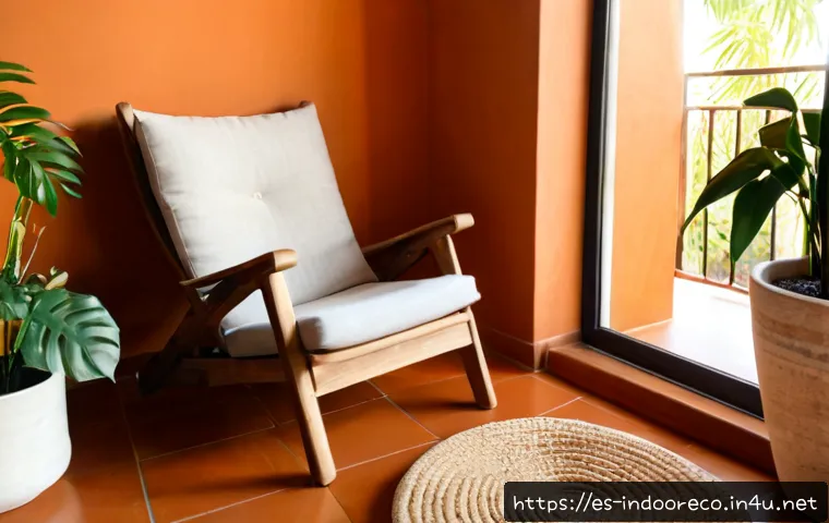비건 인테리어 아이템 - Photorealistic sunlit Spanish apartment living room featuring vegan interior decor: a soft cork loun...